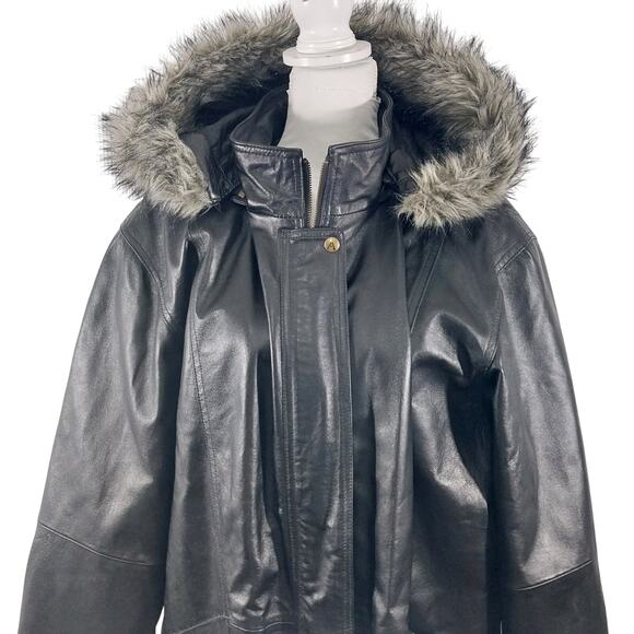 ACCENTS! RICH BLACK GENUINE LEATHER FAUX FUR TRIMMED HOOD PARKA COAT! SZ 1X - Picture 5 of 13